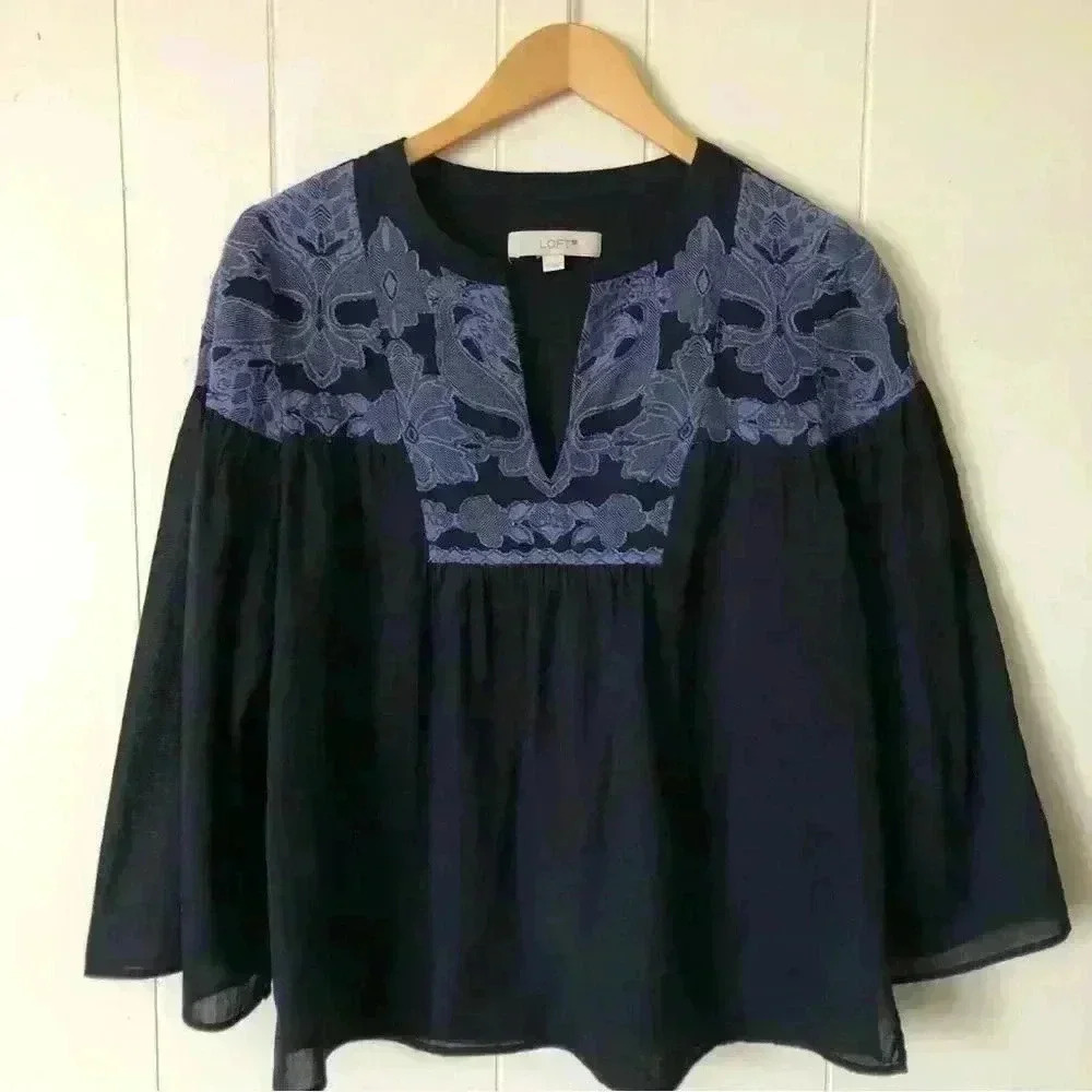 LOFT Lightweight Embroidered Cotton Top Blouse Size XS
